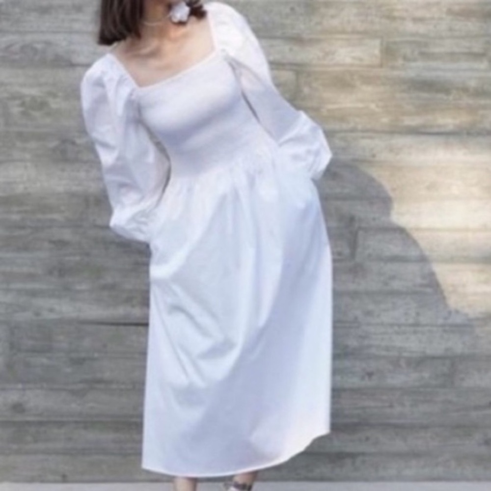 🍒COS Cotton Dress 2023 Off-The-Shoulder Smocked Midi Dress - White Size 6 NWT